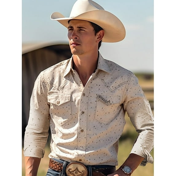 Mens Vintage Western Long Sleeve Button Down Shirts Classic Lapel for Business or Casual Wear Beige M