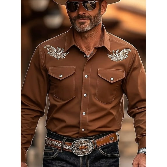 Mens Vintage Western Long Sleeve Button Down Shirts Classic Lapel for Business or Casual Wear Brown XL