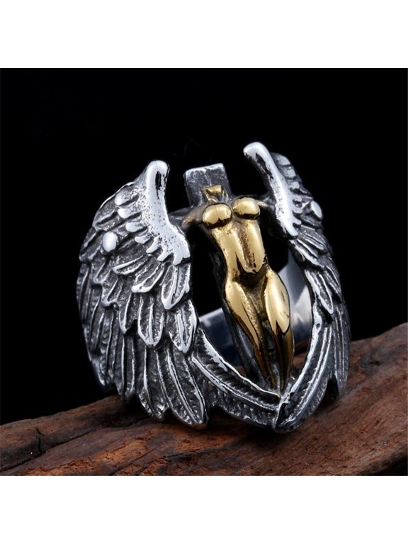 Mens Vintage Winged Angel Cross Titanium Steel Ring, European and American Style, Polished Finish