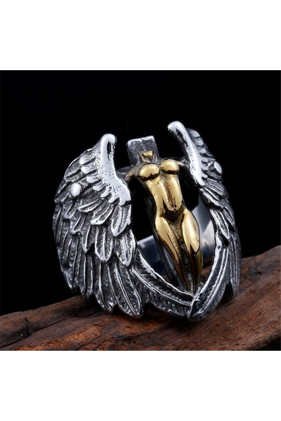Mens Vintage Winged Angel Cross Titanium Steel Ring, European and American Style, Polished Finish