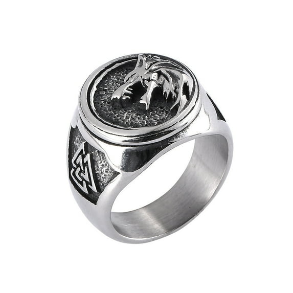 Mens Vintage Wolf Totem Ring Titanium Steel Wide Band Animal Head Fashion Jewelry Durable Statement Ring Style