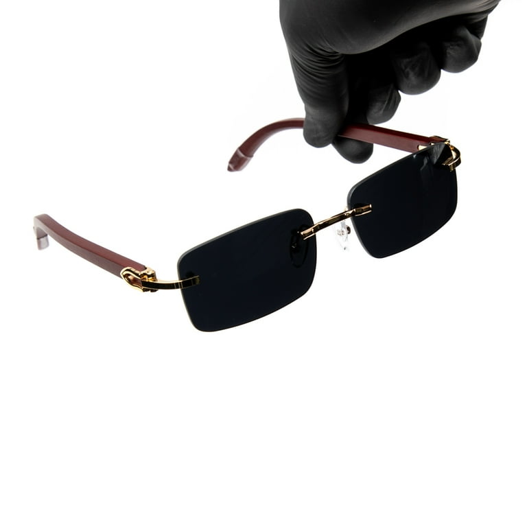 Mens Vintage Wood Gold Frame Black Tint Rectangular Rimless Hip Hop Sunglasses