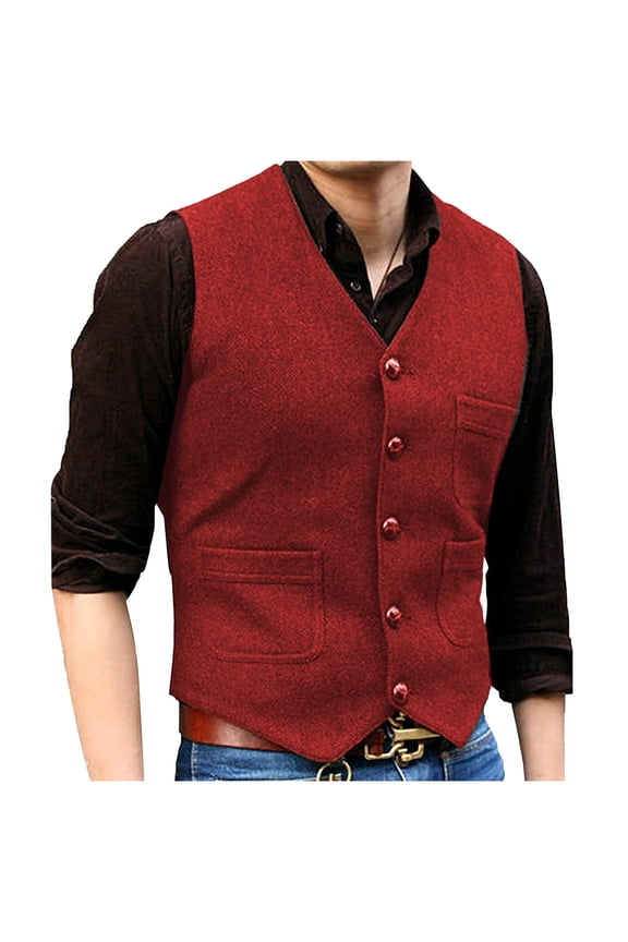 Mens Vintage Wool Suit Vest Button V Neck Herringbone Waistcoat 5 Real Pockets Tweed Waistcoat For Groomsmen Wedding