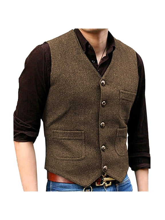 Mens Vintage Wool Suit Vest Button V Neck Herringbone Waistcoat 5 Real Pockets Tweed Waistcoat For Groomsmen Wedding
