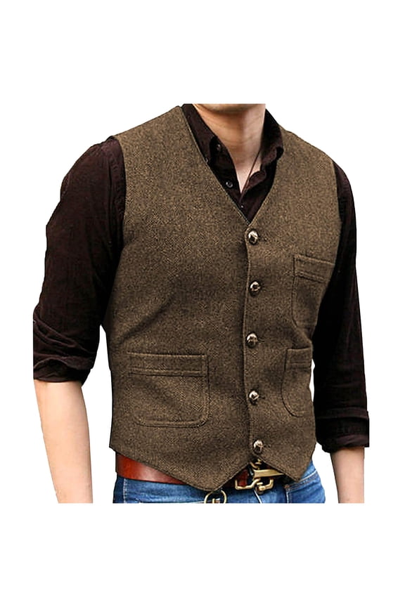 Mens Vintage Wool Suit Vest Button V Neck Herringbone Waistcoat 5 Real Pockets Tweed Waistcoat For Groomsmen Wedding