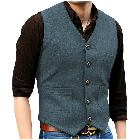 Mens Vintage Wool Suit Vest Button V Neck Herringbone Waistcoat 5 Real Pockets Tweed Waistcoat For Groomsmen Wedding