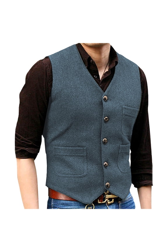 Mens Vintage Wool Suit Vest Button V Neck Herringbone Waistcoat 5 Real Pockets Tweed Waistcoat For Groomsmen Wedding