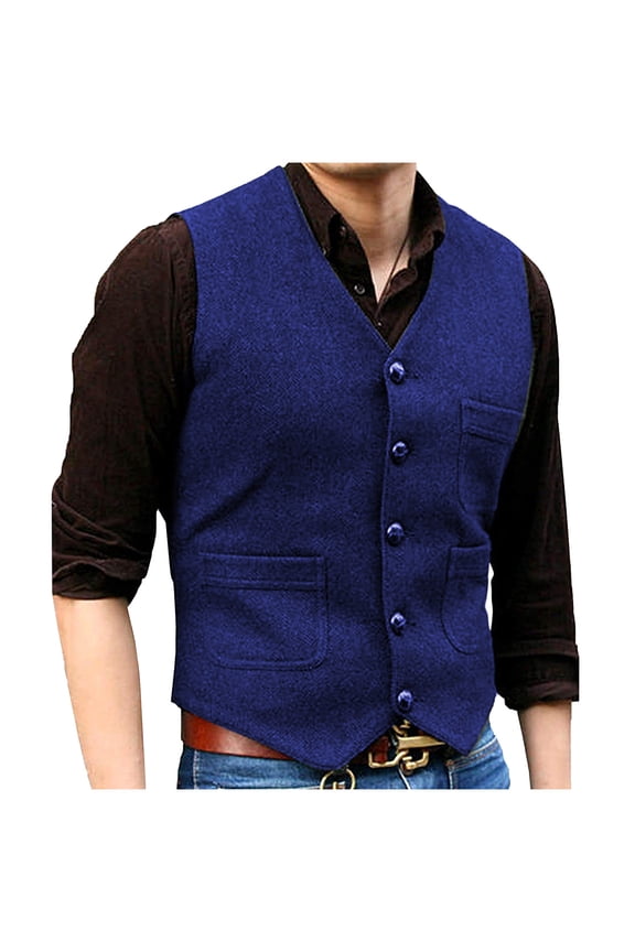Mens Vintage Wool Suit Vest Button V Neck Herringbone Waistcoat 5 Real Pockets Tweed Waistcoat For Groomsmen Wedding