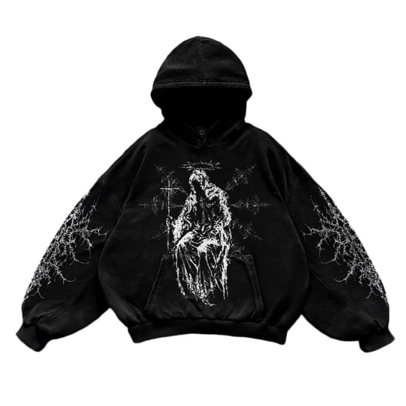 Mens Vintage Y2K Hoodies Graphic Pullover Long Sleeve Hooded Sweatshirt Loose Streetwear Black L