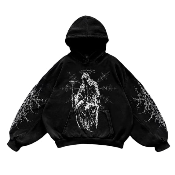Mens Vintage Y2K Hoodies Graphic Pullover Long Sleeve Hooded Sweatshirt Loose Streetwear Black XL