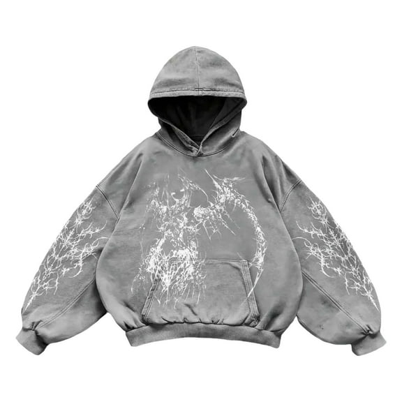 Mens Vintage Y2K Hoodies Graphic Pullover Long Sleeve Hooded Sweatshirt Loose Streetwear Black2 L