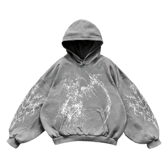 Mens Vintage Y2K Hoodies Graphic Pullover Long Sleeve Hooded Sweatshirt Loose Streetwear Black2 XL