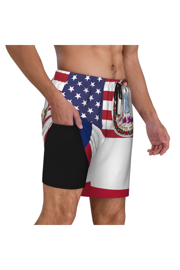 Mens Virginia Texas Flag Swimming Trunks with Compression Liner Beach Quick Dry Swim Shorts