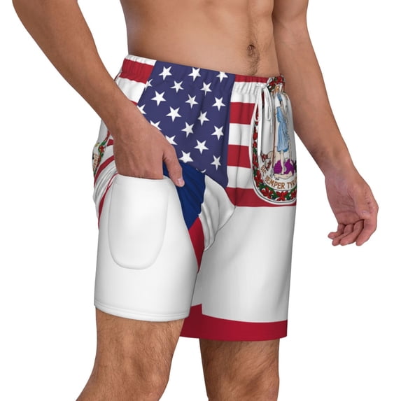 Mens Virginia Texas Flag Swimming Trunks with Compression Liner Beach Quick Dry Swim Shorts