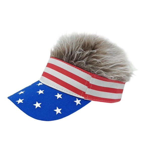 Mens Visor Cap Wig Adjustable Baseball Cap Golf Hats with Fake Hair American Flag Design Funny Gift (Coffee)