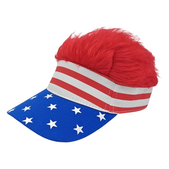 Mens Visor Cap Wig Adjustable Baseball Cap Golf Hats with Fake Hair American Flag Design Funny Gift (Red)