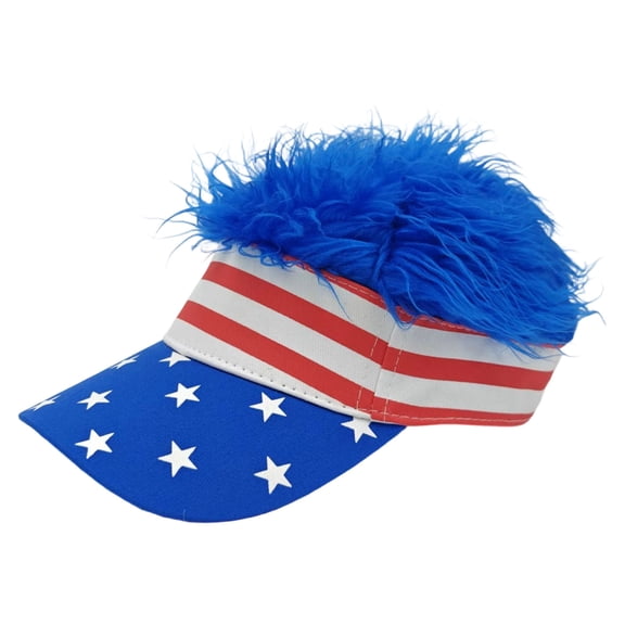 Mens Visor with Hair Fake - Hat with Hair for Men, Funny Golf Hats Wig Hat Adjustable Baseball Cap for Independence Day(Blue)
