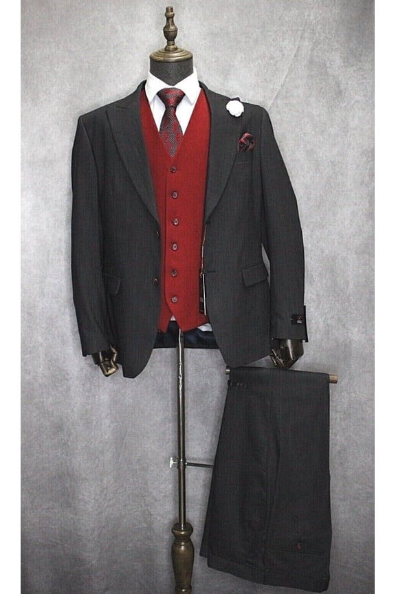 Mens Vitali Modern Fit 3pc Black and Red Plaid Formal Suit M2813-NP-PK