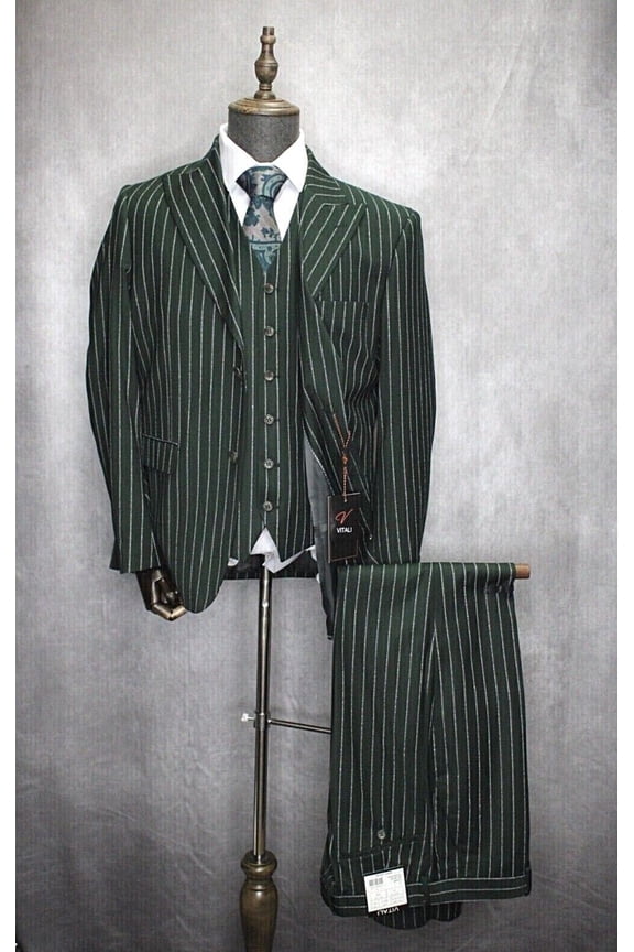 Mens Vitali Modern Fit Suit 3pc Dark Green Chalk Striped Formal Suit M1532-NP-PK