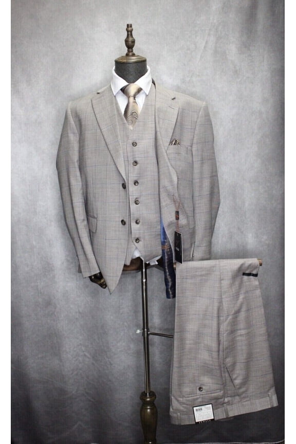 Mens Vitali Modern Fit Suit 3pc Taupe Plaid Formal Suit M1925-NP