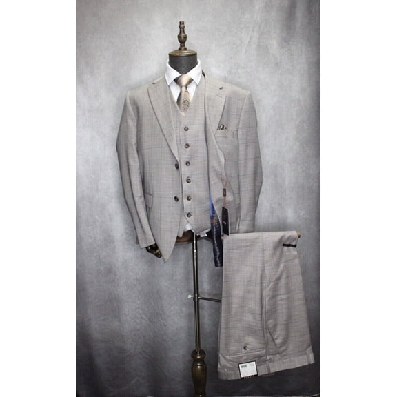 Mens Vitali Modern Fit Suit 3pc Taupe Plaid Formal Suit M1925-NP