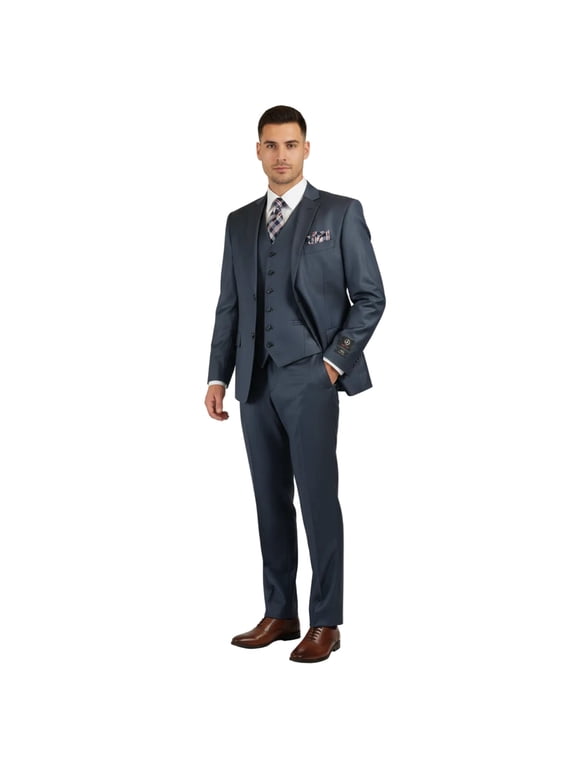 Mens Vitali Three Piece Suit Vested Sheen Sharkskin Business M3090 Navy blue