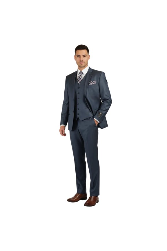 Mens Vitali Three Piece Suit Vested Sheen Sharkskin Business M3090 Navy blue