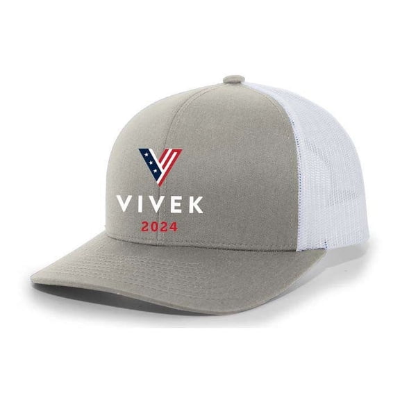 Mens Vivek Hat Vivek Ramaswamy 2024 V Logo Mesh Back Trucker Hat Baseball Cap-Heather Grey/White