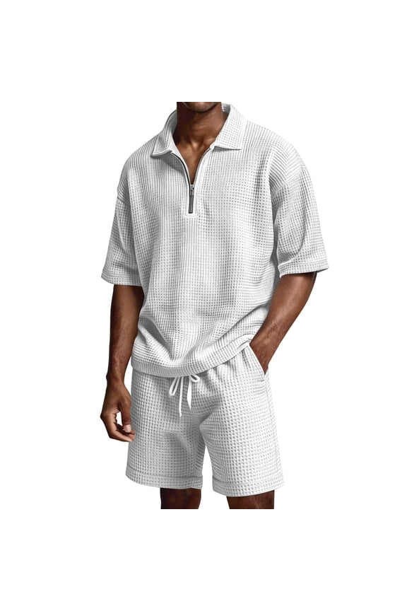 Mens Waffle 2 Piece Short Set Lightweight Casual Beachwear Summer Travel Co Ord Tracksuit Outfit Solid Zipper Short Sleeve Shirt And Matching Shorts White S