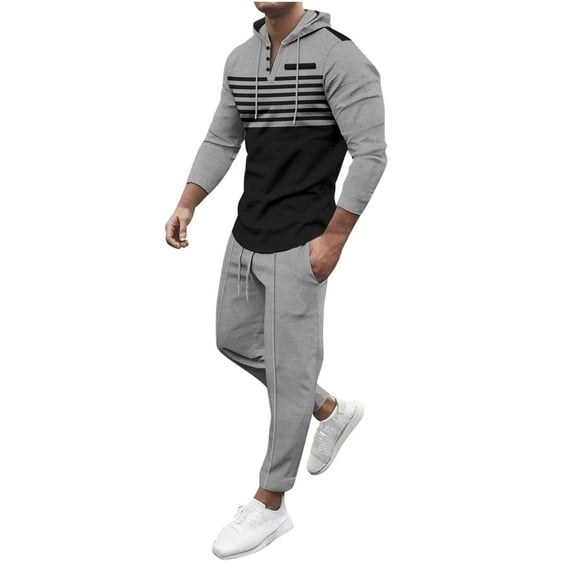 Mens Waffle Athletic Sweatsuit Sets, Casual Striped Long Sleeve Pullover Hoodies with Jogging Sweatpants Tracksuits