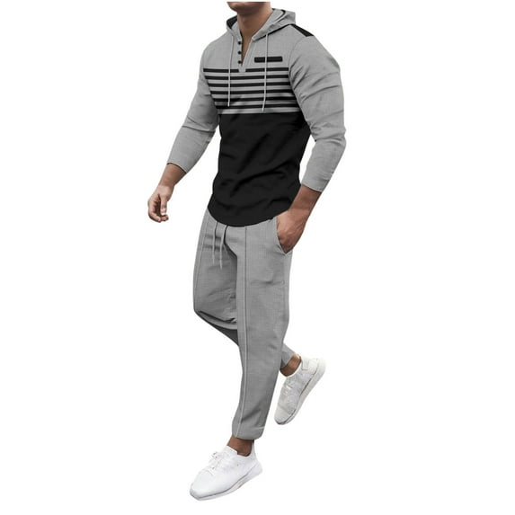 Mens Waffle Athletic Sweatsuit Sets, Casual Striped Long Sleeve Pullover Hoodies with Jogging Sweatpants Tracksuits