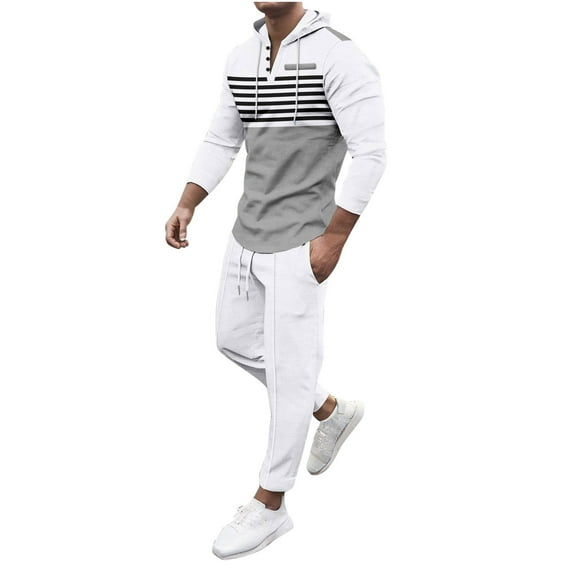 Mens Waffle Athletic Sweatsuit Sets, Casual Striped Long Sleeve Pullover Hoodies with Jogging Sweatpants Tracksuits