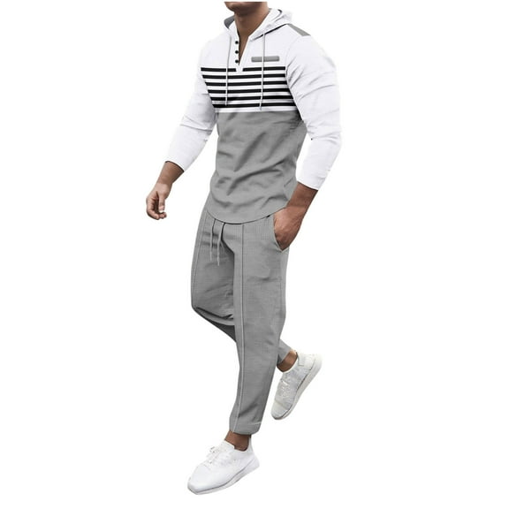 Mens Waffle Athletic Sweatsuit Sets, Casual Striped Long Sleeve Pullover Hoodies with Jogging Sweatpants Tracksuits