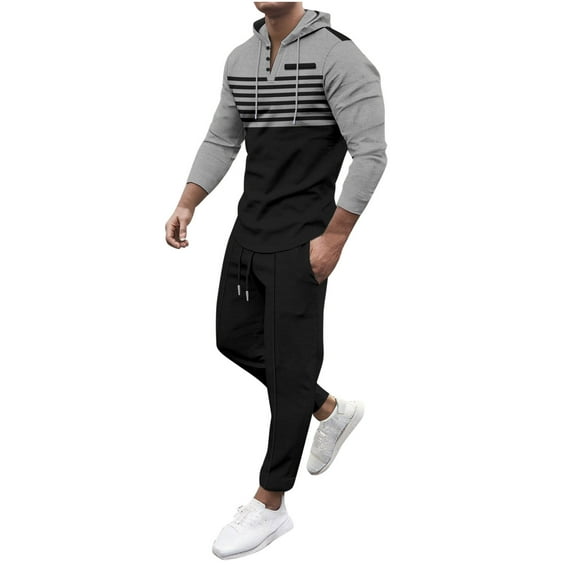 Mens Waffle Athletic Sweatsuit Sets, Casual Striped Long Sleeve Pullover Hoodies with Jogging Sweatpants Tracksuits
