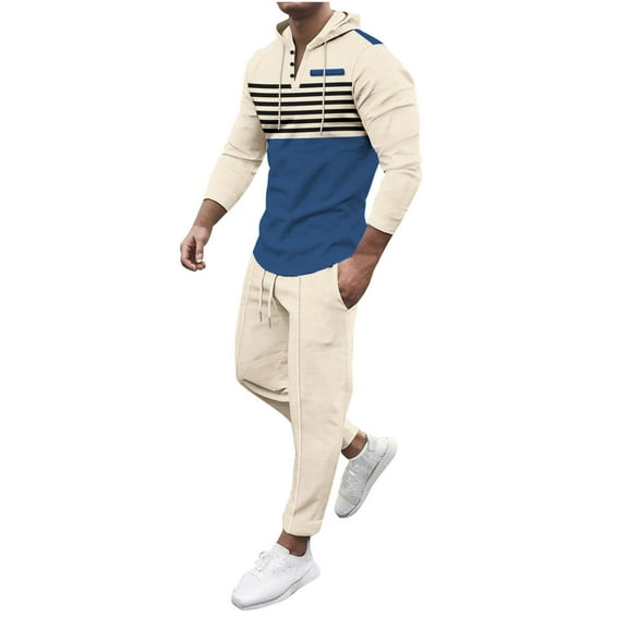Mens Waffle Athletic Sweatsuit Sets, Casual Striped Long Sleeve Pullover Hoodies with Jogging Sweatpants Tracksuits