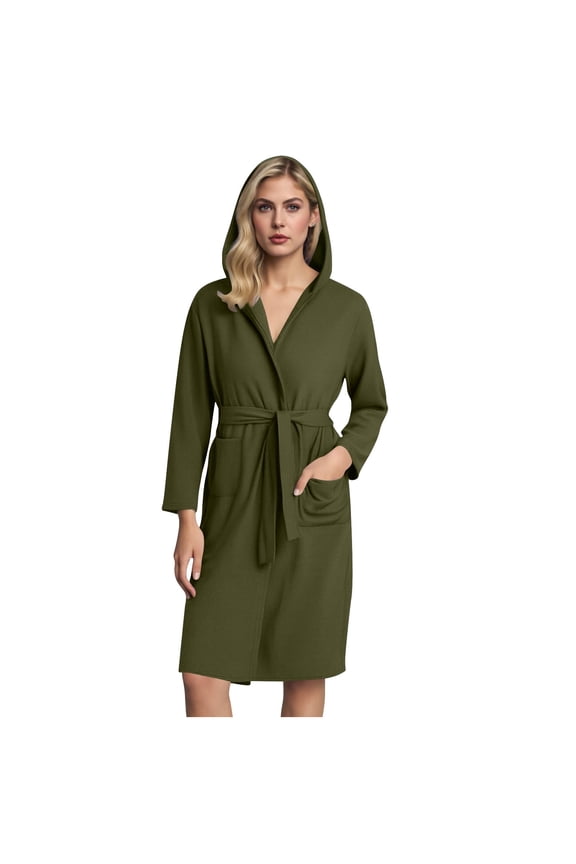 Mens Waffle Bathrobe Long Sleeve Lightweight Hooded Robe with Pockets Soft Shower Spa Bathrobes Army Green, S