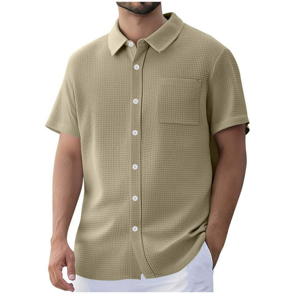 Mens Waffle Button Down Shirt Casual Short Sleeve Loose Fit Polo Shirts Summer Beach Plain Tops with Pocket