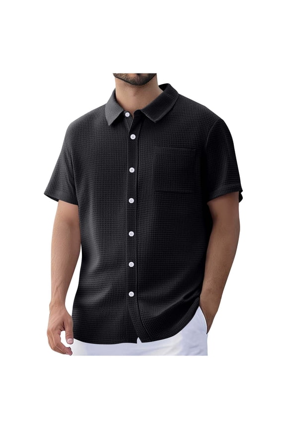 Mens Waffle Button Down Shirt Casual Short Sleeve Loose Fit Polo Shirts Summer Beach Plain Tops with Pocket