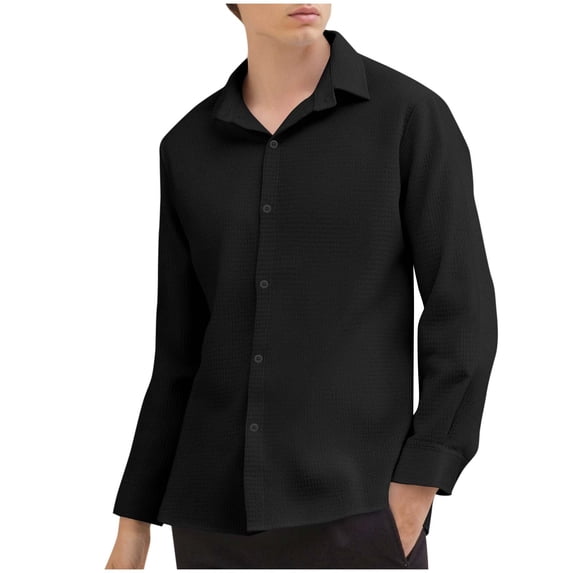 Mens Waffle Button Down Shirts Casual Fashion Loose Long Sleeve Lapel Dress Shirt Classic Regular Fit Blouses Tops Black XL