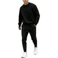thumbnail image 1 of Mens Waffle Fabric 2 Piece Matching Lounge Set Athletic Stretch Crew Neck Sweatshirt Long Sleeved Pullover Sweater Blouses Athletic-Fit Drawstring Elastic Waist Sweatpants, 1 of 5