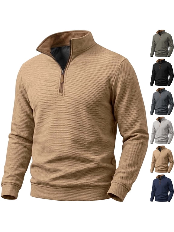 Mens Waffle Fleece Lined Pullover Sweaters Quarter Zip Mock Neck Long Sleeve Fall Warm Tops for Business Casual Office Work Daily Wear, Khaki, M
