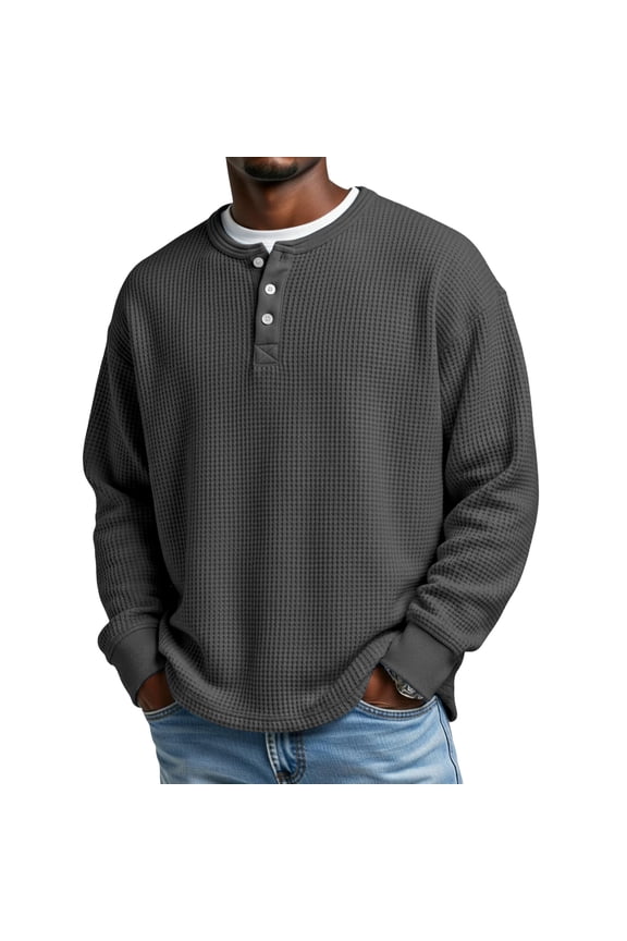 Mens Waffle Henley Shirt Long Sleeve Button Pullover Lightweight and Stretchy Knit Top for Casual and Smart Style 2026 Black M