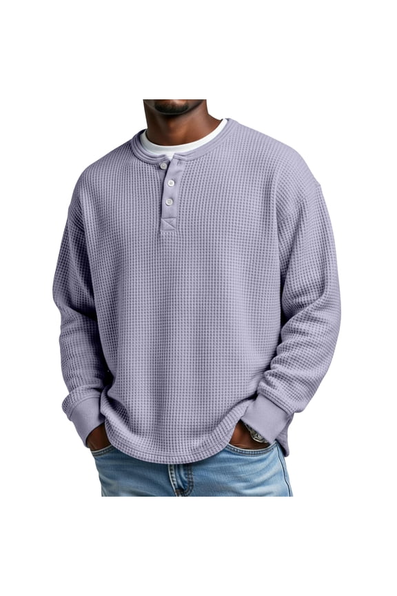 Mens Waffle Henley Shirt Long Sleeve Button Pullover Lightweight and Stretchy Knit Top for Casual and Smart Style 2026 Light Purple M