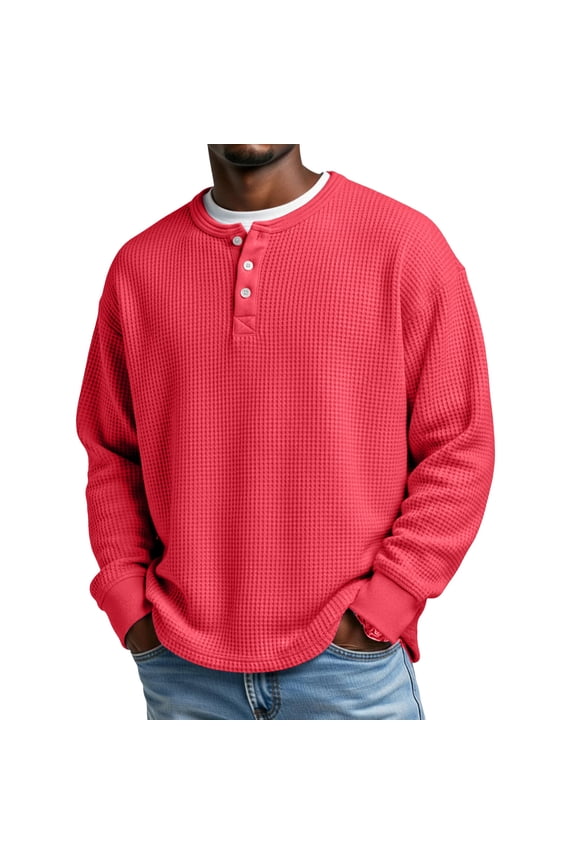 Mens Waffle Henley Shirt Long Sleeve Button Pullover Lightweight and Stretchy Knit Top for Casual and Smart Style 2026 Wine M