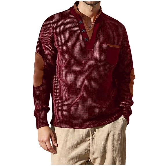 Mens Waffle Henley Shirts Spring Elbow Patchwork Long Sleeve T-Shirts Business Classic Solid Color Tops for Meeting