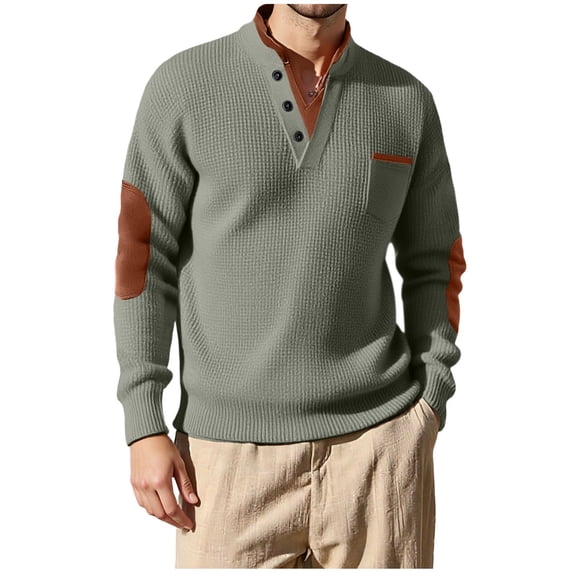 Hatoys Mens Waffle Henley Shirts Spring Elbow Patchwork Long Sleeve T-Shirts Business Classic Solid Color Tops for Meeting
