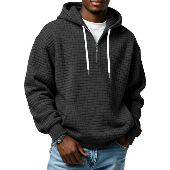 Mens Waffle Hoodie Casual 1/2 Zipper Long Sleeve Hooded Sweatshirt Plus Size Waffle Knit Hoodie with Pocket Black XL