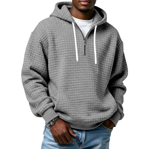 Mens Waffle Hoodie Casual 1/2 Zipper Long Sleeve Hooded Sweatshirt Plus Size Waffle Knit Hoodie with Pocket Gray XL