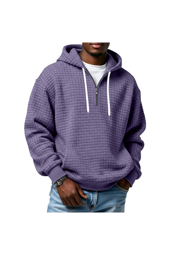 Mens Waffle Hoodie Casual 1/2 Zipper Long Sleeve Hooded Sweatshirt Plus Size Waffle Knit Hoodie with Pocket Purple XL