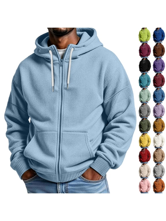 Mens Waffle Hoodies Zip Up Oversized Long Sleeve Hooded Jacket Drawstring Hooded Cardigan Casual Fall Winter Streetwear Daily Wear